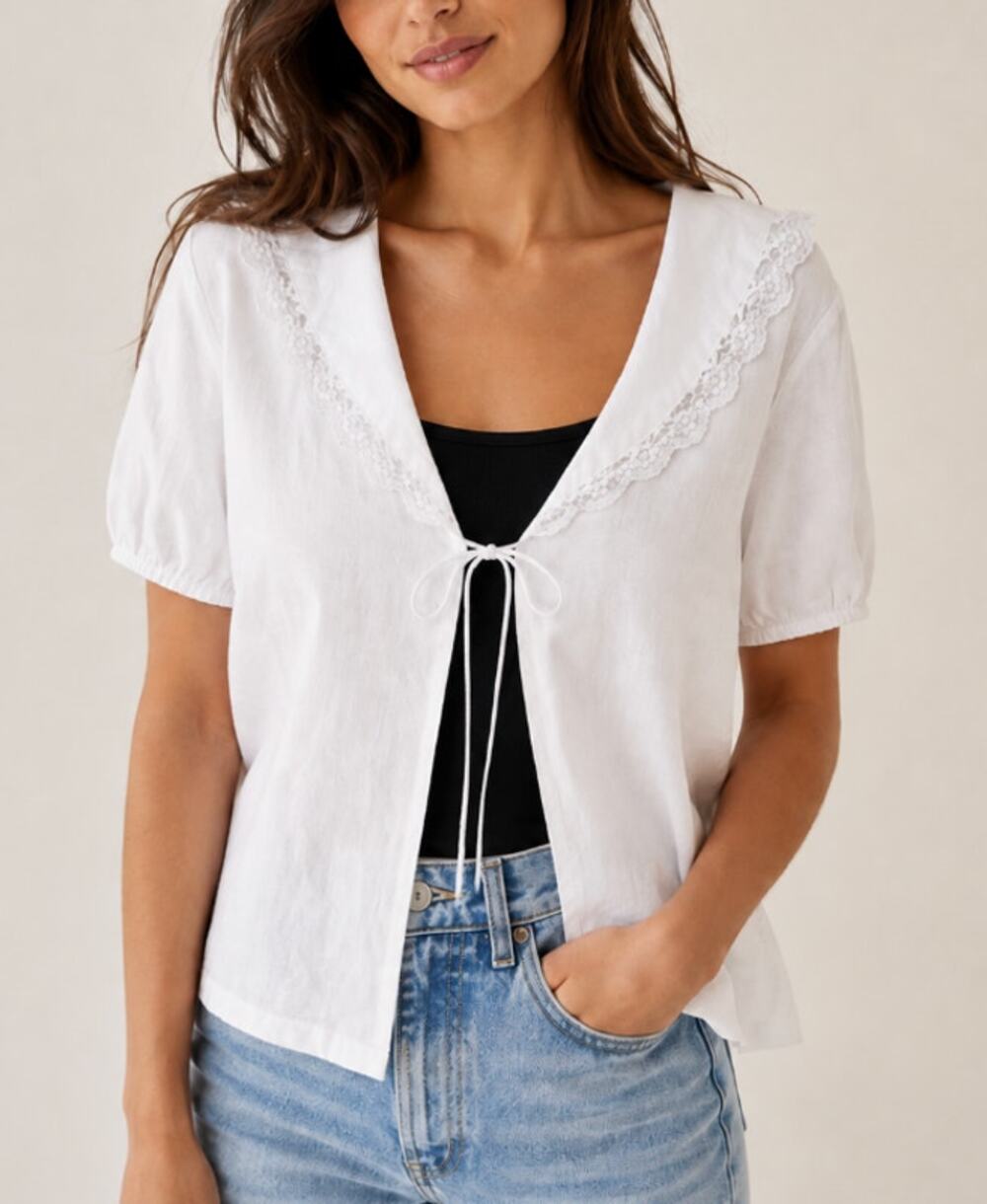 NLT Nation Los Angeles Cotton Top Collar Lace Tie Front White 2X